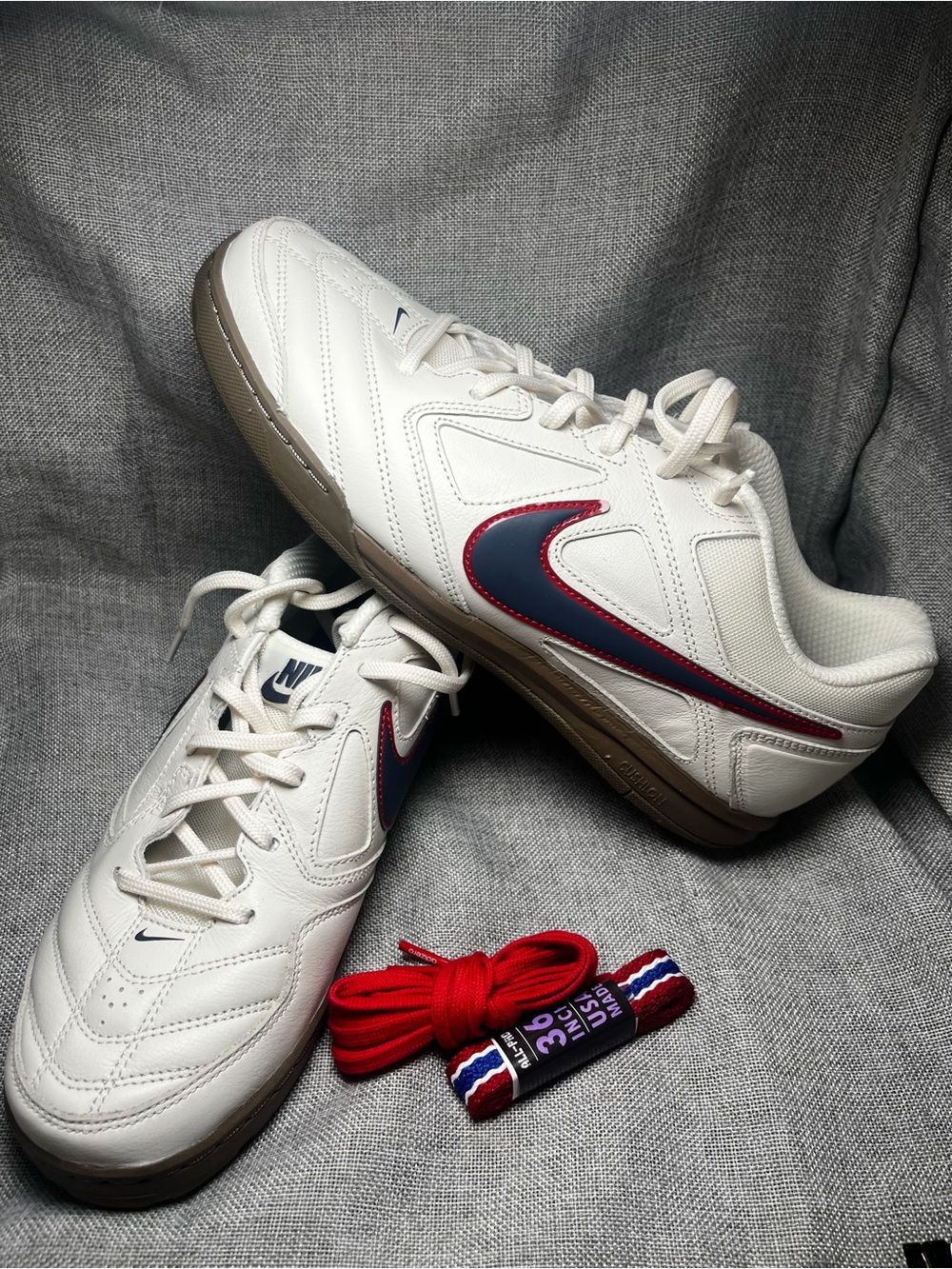 Nike Men’s Premium Leather Off White Indoor Soccer Shoes with Navy & Red Swoosh